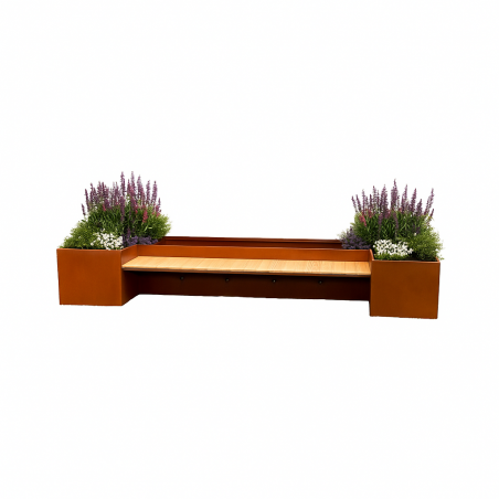 Jardiniera, cu banca integrata din lemn, otel corten de 2 mm, dimensiuni: 300x95x44 cm, FloraStep