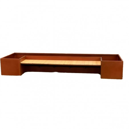 Jardiniera, cu banca integrata din lemn, otel corten de 2 mm, dimensiuni: 300x95x44 cm, FloraStep