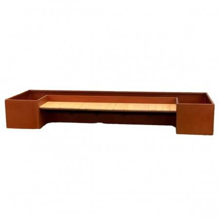 Jardiniera, cu banca integrata din lemn, otel corten de 2 mm, dimensiuni: 300x95x44 cm, FloraStep