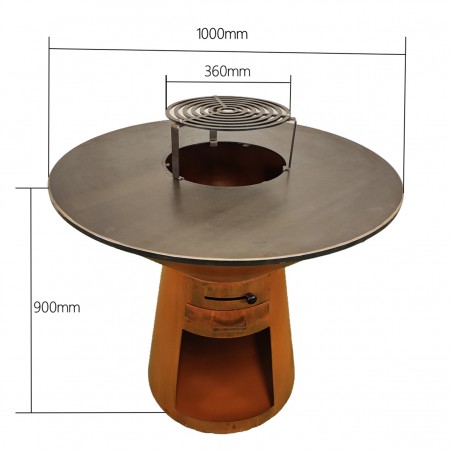Gratar pe lemn cu plita, suprafata mare de gatit, spatiu pentru lemne, otel corten de 2 mm, dia100xH90 cm, Avangarde