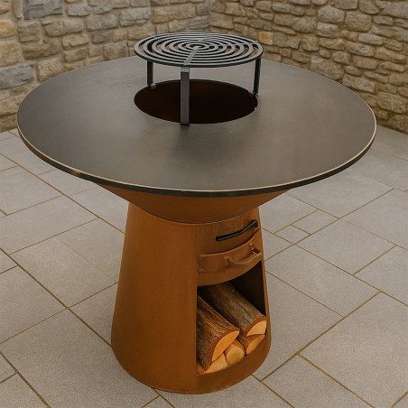 Gratar pe lemn cu plita, suprafata mare de gatit, spatiu pentru lemne, otel corten de 2 mm, dia100xH90 cm, Avangarde