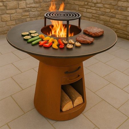 Gratar pe lemn cu plita, suprafata mare de gatit, spatiu pentru lemne, otel corten de 2 mm, dia100xH90 cm, Avangarde