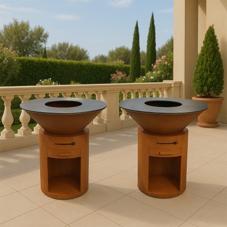 Gratar pe lemn cu plita mare de gatit, depozitare lemne, otel corten de 2mm, diametru 100 sau 85 cm, Ruginiu, Infinity Glow