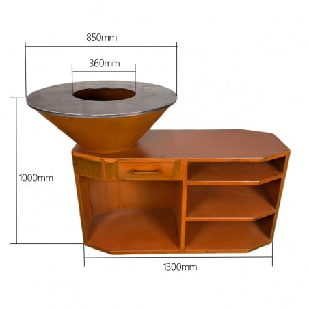 Gratar pe lemn cu plita mare de gatit, suport pentru lemne, 3 rafturi, otel corten , dia85x130x100 cm, Ruginiu, Solis