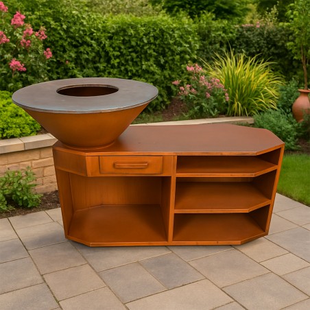 Gratar pe lemn cu plita mare de gatit, suport pentru lemne, 3 rafturi, otel corten , dia85x130x100 cm, Ruginiu, Solis