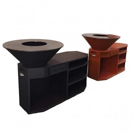 Gratar pe lemn cu plita mare de gatit, suport lemne, 3 rafturi, otel corten, dimensiuni: dia85x130x100 cm, Negru, Solis
