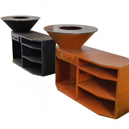 Gratar pe lemn cu plita mare de gatit, suport lemne, 3 rafturi, otel corten, dimensiuni: dia85x130x100 cm, Negru, Solis