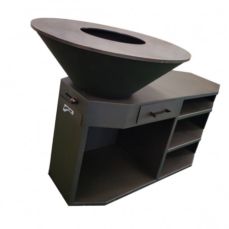 Gratar pe lemn cu plita mare de gatit, suport lemne, 3 rafturi, otel corten, dimensiuni: dia85x130x100 cm, Negru, Solis