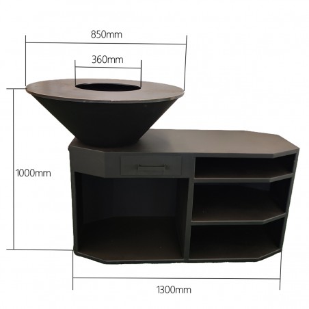 Gratar pe lemn cu plita mare de gatit, suport lemne, 3 rafturi, otel corten, dimensiuni: dia85x130x100 cm, Negru, Solis