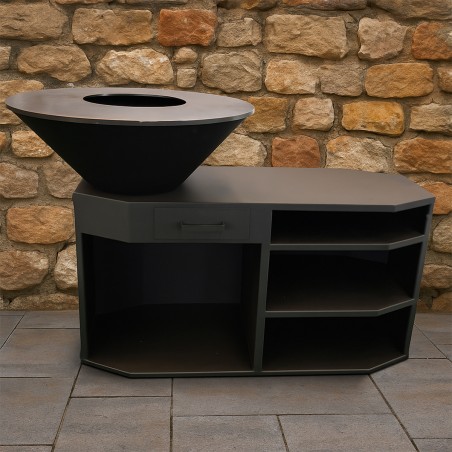 Gratar pe lemn cu plita mare de gatit, suport lemne, 3 rafturi, otel corten, dimensiuni: dia85x130x100 cm, Negru, Solis