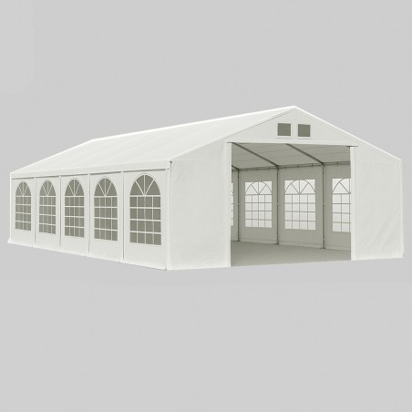 Cort, pavilion, 5x10 m, crem, 10 ferestre + 2 intrari, cadru din otel galvanizat, material PE 240g/m2, rezistent la UV si apa