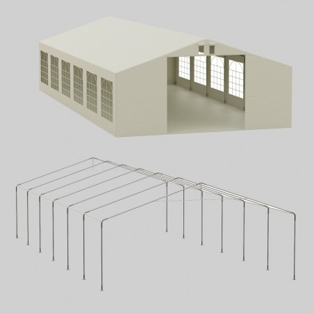 Cort, pavilion, 6x12 m, crem, 12 ferestre + 2 intrari, cadru din otel galvanizat, material PE 240g/m2, rezistent la UV si apa