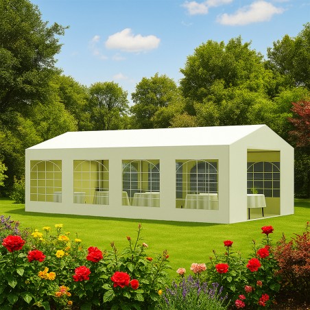 Cort, pavilion, crem, 4x8 m, 8 ferestre + 2 intrari, cadru din otel galvanizat, material PE 240 g/m2, rezistent la UV si apa