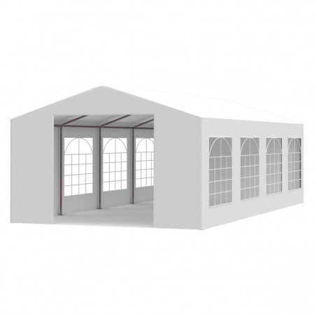 Cort, pavilion, alb, 4x8 m, 8 ferestre + 2 intrari, cadru din otel galvanizat, material PE 240g/m2, rezistent la UV si apa