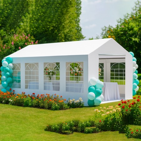 Cort, pavilion, alb, 4x8 m, 8 ferestre + 2 intrari, cadru din otel galvanizat, material PE 240g/m2, rezistent la UV si apa