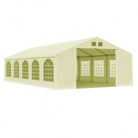 Cort, pavilion, 5x10 m, crem, 10 ferestre + 2 intrari, cadru din otel galvanizat, material PE 240g/m2, rezistent la UV si apa