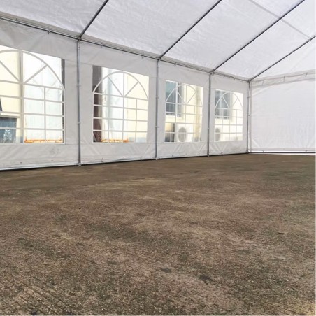 Cort, pavilion, 5x10 m, crem deschis, 10 ferestre + 2 intrari, cadru otel galvanizat, material PE 240g/m2, rezistent la UV, apa