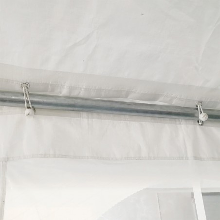 Cort, pavilion, 5x10 m, crem, 10 ferestre + 2 intrari, cadru din otel galvanizat, material PE 240g/m2, rezistent la UV si apa