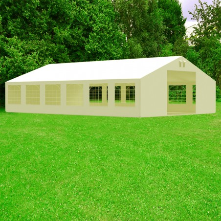 Cort, pavilion, 6x12 m, crem, 12 ferestre + 2 intrari, cadru din otel galvanizat, material PE 240g/m2, rezistent la UV si apa