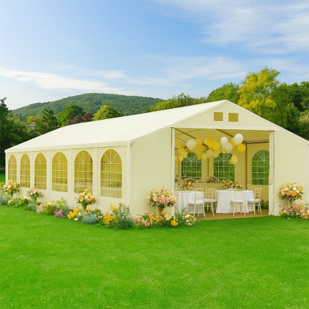 Cort, pavilion, 6x12 m, crem, 12 ferestre + 2 intrari, cadru din otel galvanizat, material PE 240g/m2, rezistent la UV si apa