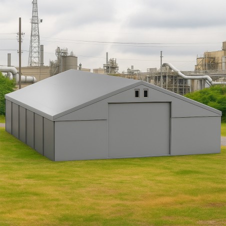 Cort tip hala profesional, magazie depozitare, gri, 8x12 m, 2 intrari, cadru ranforsat din otel galvanizat, PVC 560g/m2