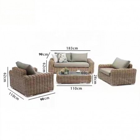 Set mobilier, terasa sau gradina, canapea, 2 fotolii , masuta de cafea, cadru aluminiu, poliratan, Augusta