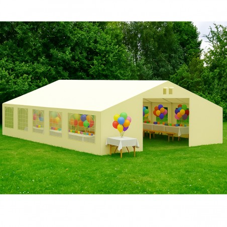 Cort, pavilion, 6x12 m, crem, 12 ferestre + 2 intrari, cadru din otel galvanizat, material PE 240g/m2, rezistent la UV si apa