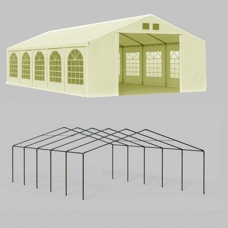Cort, pavilion, 6x12 m, crem, 12 ferestre + 2 intrari, cadru din otel galvanizat, material PE 240g/m2, rezistent la UV si apa