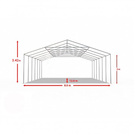 Cort tip hala profesional, magazie depozitare, gri, 8x12 m, 2 intrari, cadru ranforsat din otel galvanizat, PVC 560g/m2
