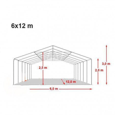 Cort profesional, gri, 6x12 m, 12 ferestre + 2 intrari, cadru ranforsat din otel galvanizat, material PVC 560g/m2, impermeabil