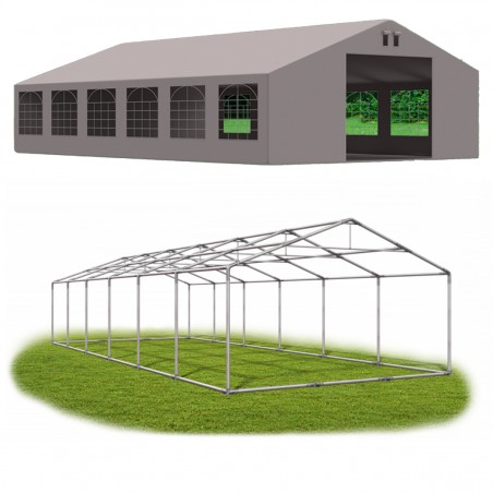 Cort profesional, gri, 6x12 m, 12 ferestre + 2 intrari, cadru ranforsat din otel galvanizat, material PVC 560g/m2, impermeabil