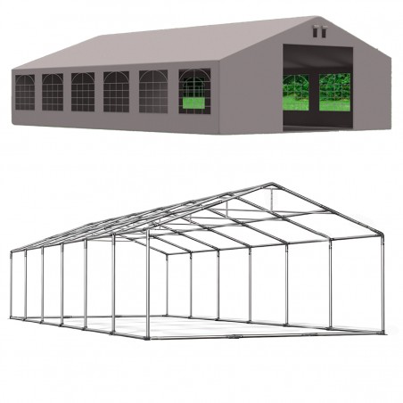 Cort profesional, gri, 6x12 m, 12 ferestre + 2 intrari, cadru ranforsat din otel galvanizat, material PVC 560g/m2, impermeabil