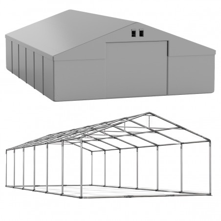 Cort tip hala profesional, magazie depozitare, gri, 8x12 m, 2 intrari, cadru ranforsat din otel galvanizat, PVC 560g/m2