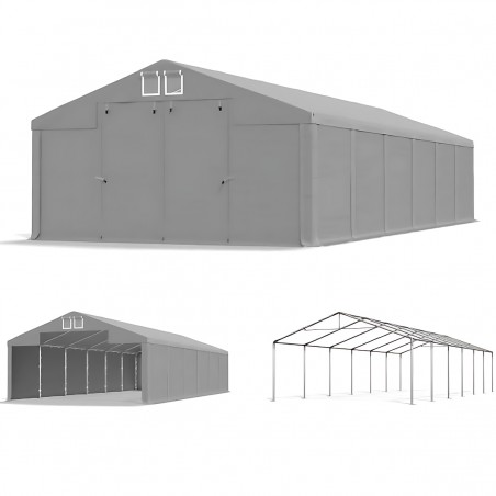 Cort industrial tip hala, magazie depozitare 6x12 m, cadru ranforsat din otel, material PVC 560 g/m2, Gri