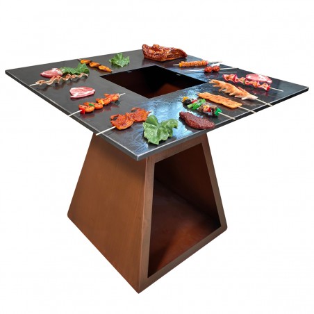 Gratar pe lemn cu plita, suprafata mare de gatit, spatiu pentru lemne, otel corten de 2 mm, 100x100x90 cm, Ruginiu, Rustico