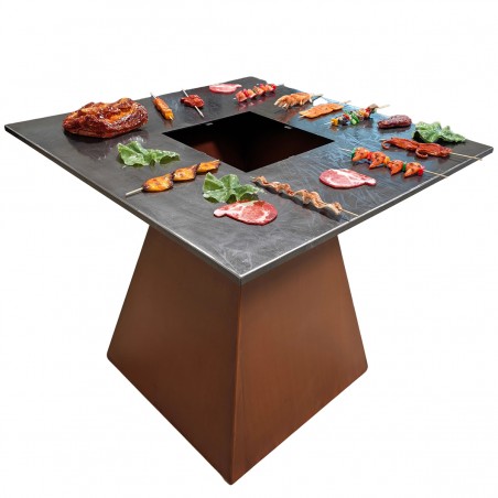 Gratar pe lemn cu plita, suprafata mare de gatit, spatiu pentru lemne, otel corten de 2 mm, 100x100x90 cm, Ruginiu, Rustico