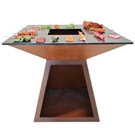 Gratar pe lemn cu plita, suprafata mare de gatit, spatiu pentru lemne, otel corten de 2 mm, 100x100x90 cm, Ruginiu, Rustico