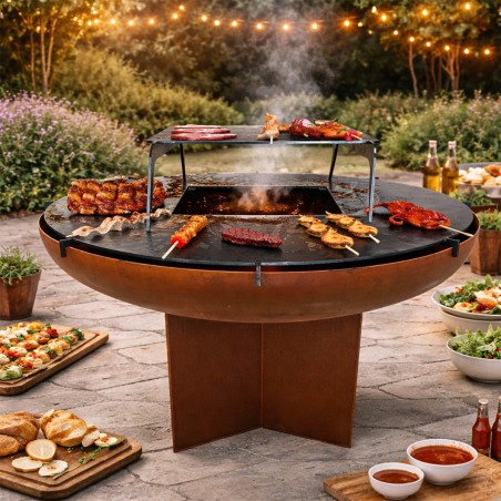 Gratar pe lemn cu plita, Vatra, Multifunctional, din otel corten de 2 mm,  dia 100xH 70 cm, AshCraft