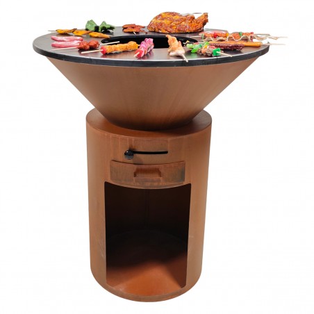 Gratar pe lemn cu plita mare de gatit, depozitare lemne, otel corten de 2mm, diametru 100 sau 85 cm, Ruginiu, Infinity Glow