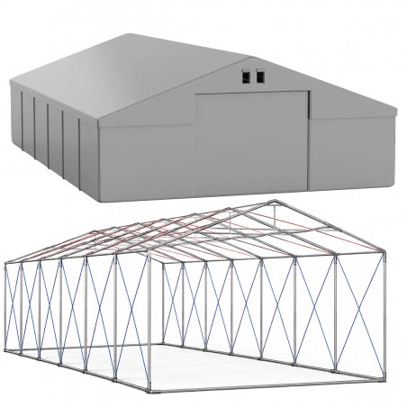 Cort tip hala profesional, magazie depozitare, gri, 8x12 m, 2 intrari, cadru ranforsat din otel galvanizat, PVC 560g/m2