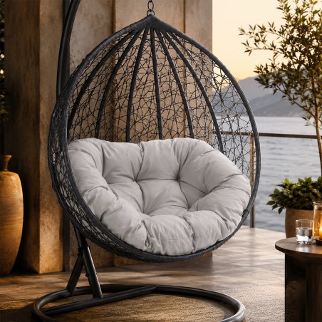 Scaun agatat California Grey, Fotoliu suspendat, Curte sau Living, comfortabil, ratan 3D