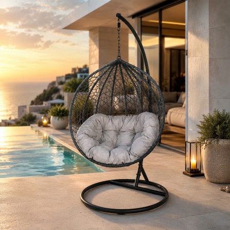 Scaun agatat California Grey, Fotoliu suspendat, Curte sau Living, comfortabil, ratan 3D