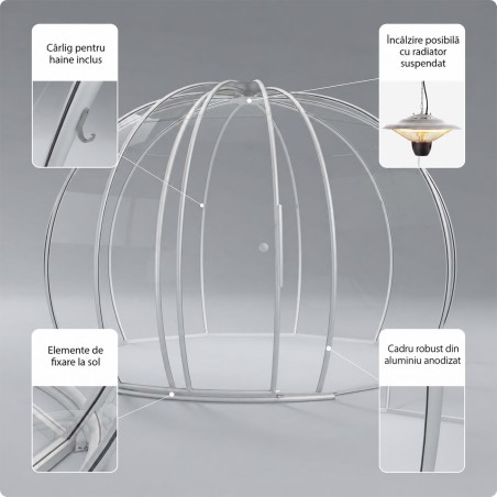 Igloo Astreea Crystal Pvc, iglu pavilion premium, complet aluminiu, iluminare Philips, sistem electric integrat, curte, piscina
