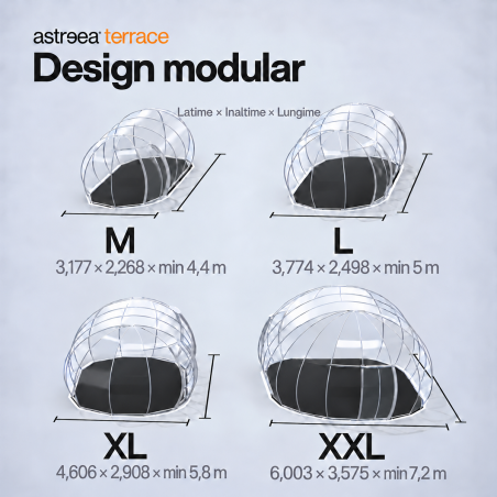 Igloo Terace Astreea Max panoramic modular, Policarbonat, panorama 360° complet aluminiu, 2 usi glisante, 4 dimensiuni