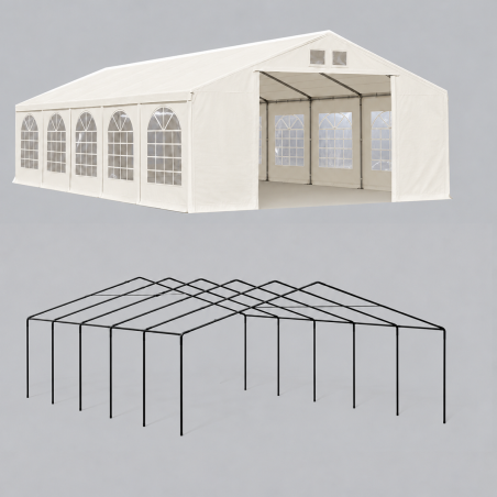 Cort, pavilion, 5x10 m, crem deschis, 10 ferestre + 2 intrari, cadru otel galvanizat, material PE 240g/m2, rezistent la UV, apa