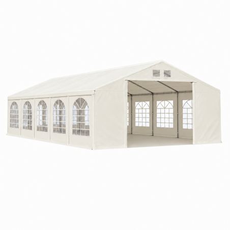 Cort, pavilion, 5x10 m, crem deschis, 10 ferestre + 2 intrari, cadru otel galvanizat, material PE 240g/m2, rezistent la UV, apa