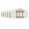 Cort, pavilion, 5x10 m, crem deschis, 10 ferestre + 2 intrari, cadru otel galvanizat, material PE 240g/m2, rezistent la UV, apa