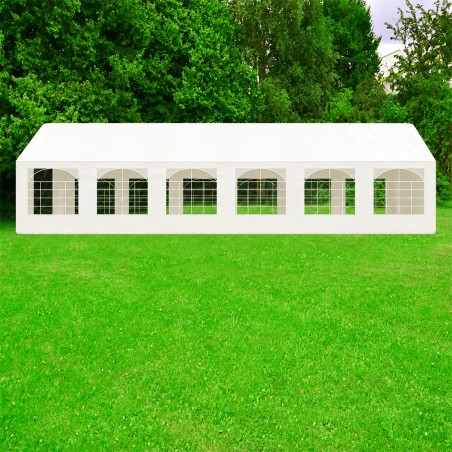 Cort, pavilion, 6x12 m, crem deschis, 12 ferestre + 2 intrari, cadru otel galvanizat, material PE 240g/m2, rezistent la UV, apa