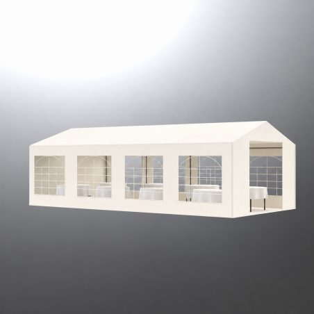 Cort, pavilion, crem deschis, 4x8 m, 8 ferestre + 2 intrari, cadru otel galvanizat, material PE 240 g/m2, rezistent la UV, apa