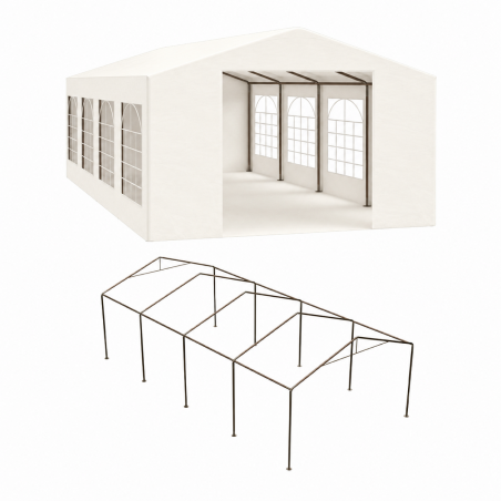 Cort, pavilion, crem deschis, 4x8 m, 8 ferestre + 2 intrari, cadru otel galvanizat, material PE 240 g/m2, rezistent la UV, apa